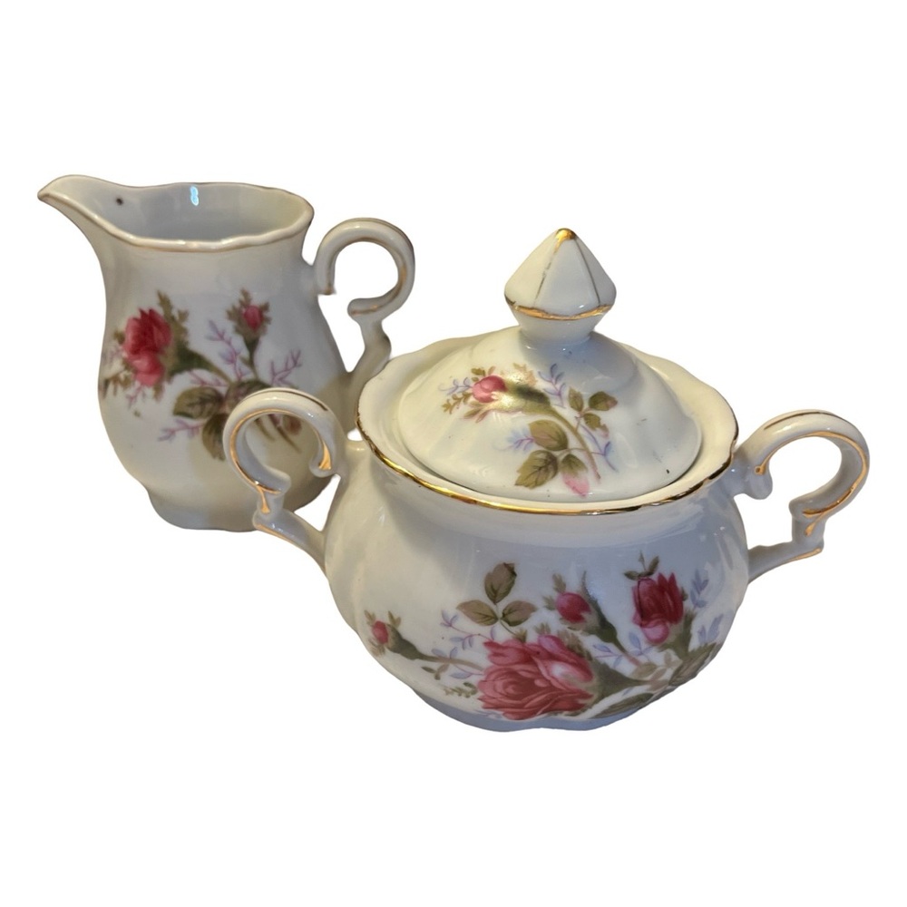 Porcelain ‘Moss Rose’ Sugar Bowl & Creamer Set - Floral with Gold Trim